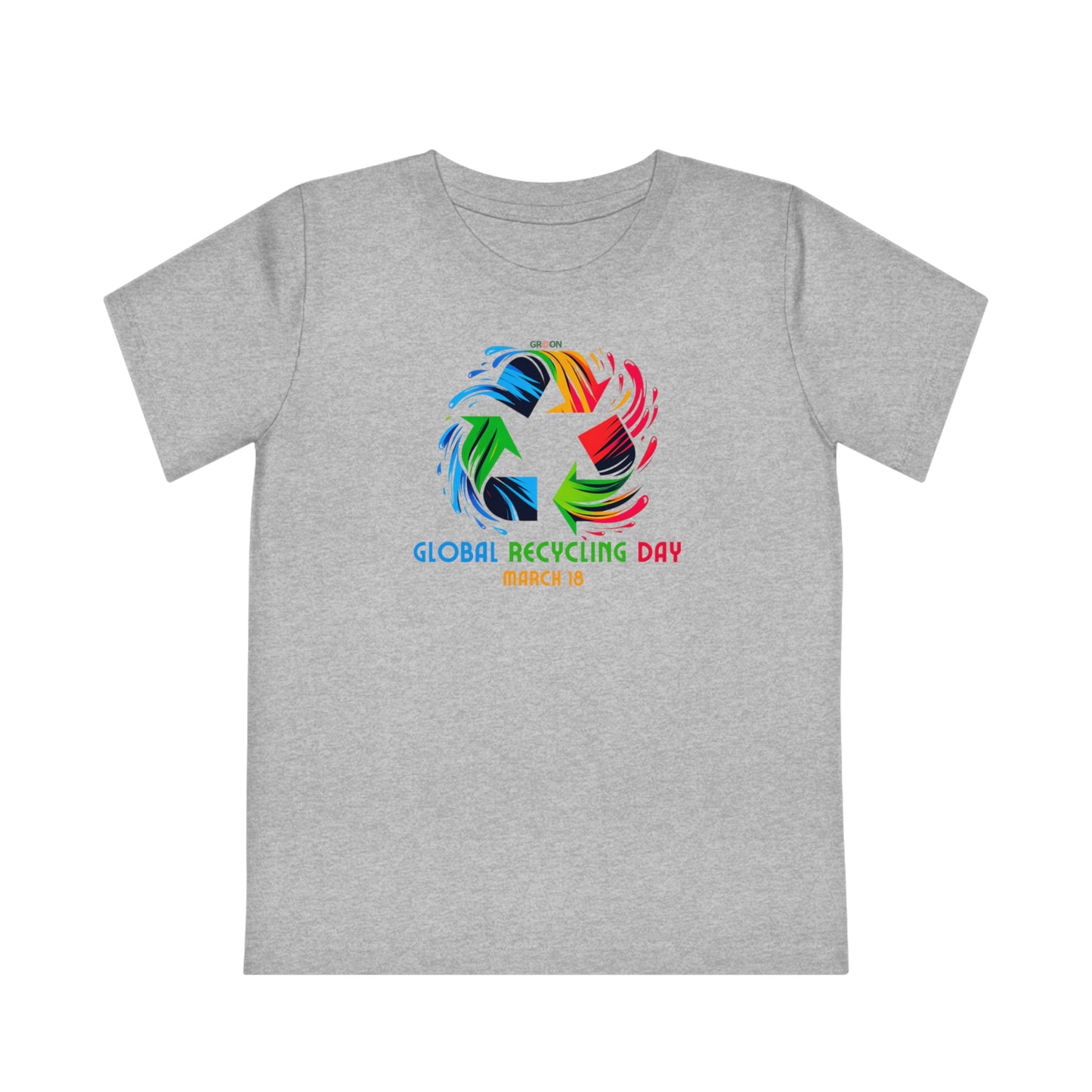 Global Recycling Day, Child wearing a GR@ON Kids T-Shirt made from organic cotton, featuring a fun and colorful design. GR@ON Kids T-Shirts: Sustainable style, fun designs.