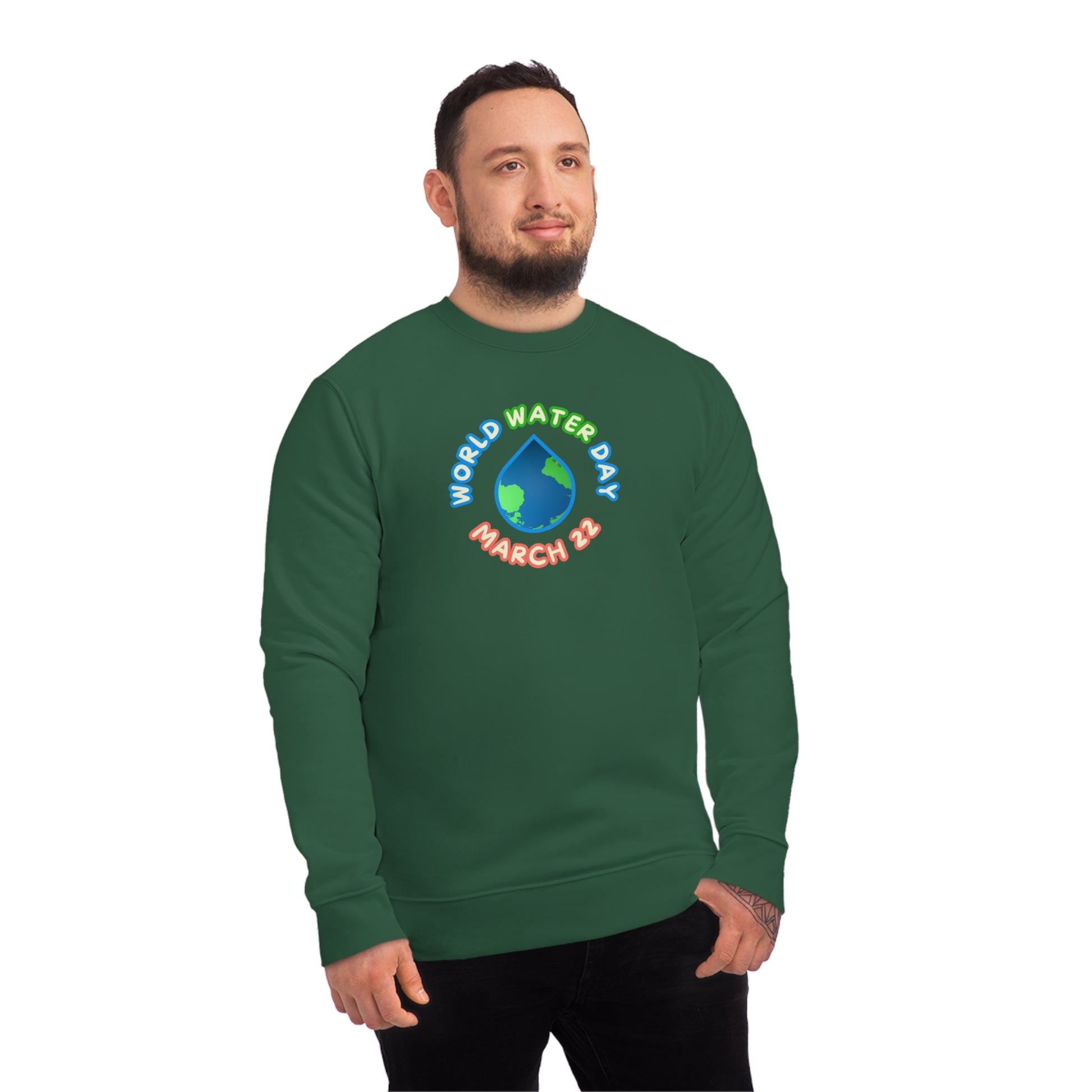 World Water Day, Model wearing a GR@ON Sweatshirt made from organic cotton, featuring a stylish and sustainable design. GR@ON Sweatshirts: Sustainable comfort, everyday style.