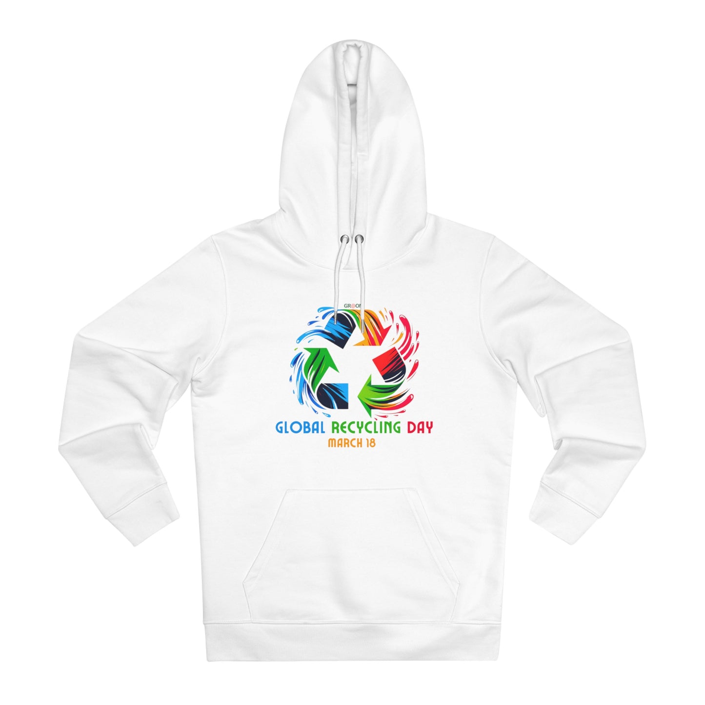 Global Recycling Day, Model wearing a GR@ON Hoodie made from organic cotton, featuring a stylish and sustainable design. GR@ON Hoodies: Sustainable warmth, stylish comfort.