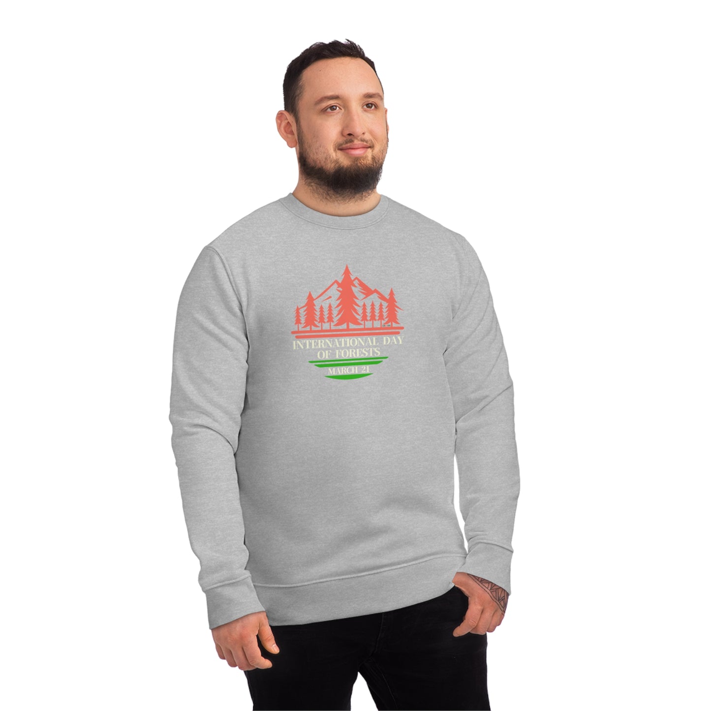 International Day of Forests, Model wearing a GR@ON Sweatshirt made from organic cotton, featuring a stylish and sustainable design. GR@ON Sweatshirts: Sustainable comfort, everyday style.