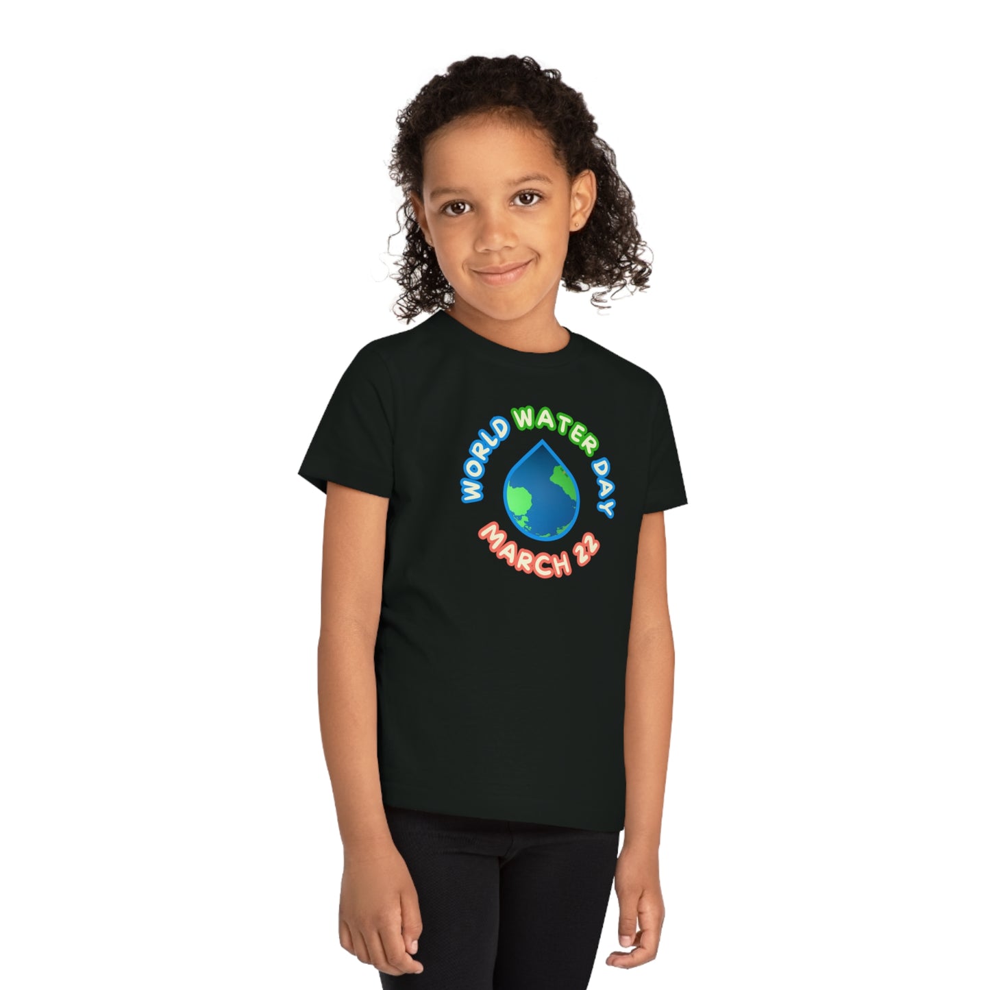 World Water Day, Child wearing a GR@ON Kids T-Shirt made from organic cotton, featuring a fun and colorful design. GR@ON Kids T-Shirts: Sustainable style, fun designs.