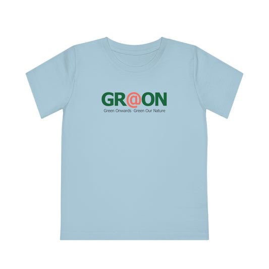Child wearing a GR@ON Kids T-Shirt made from organic cotton, featuring a fun and colorful design. GR@ON Kids T-Shirts: Sustainable style, fun designs.