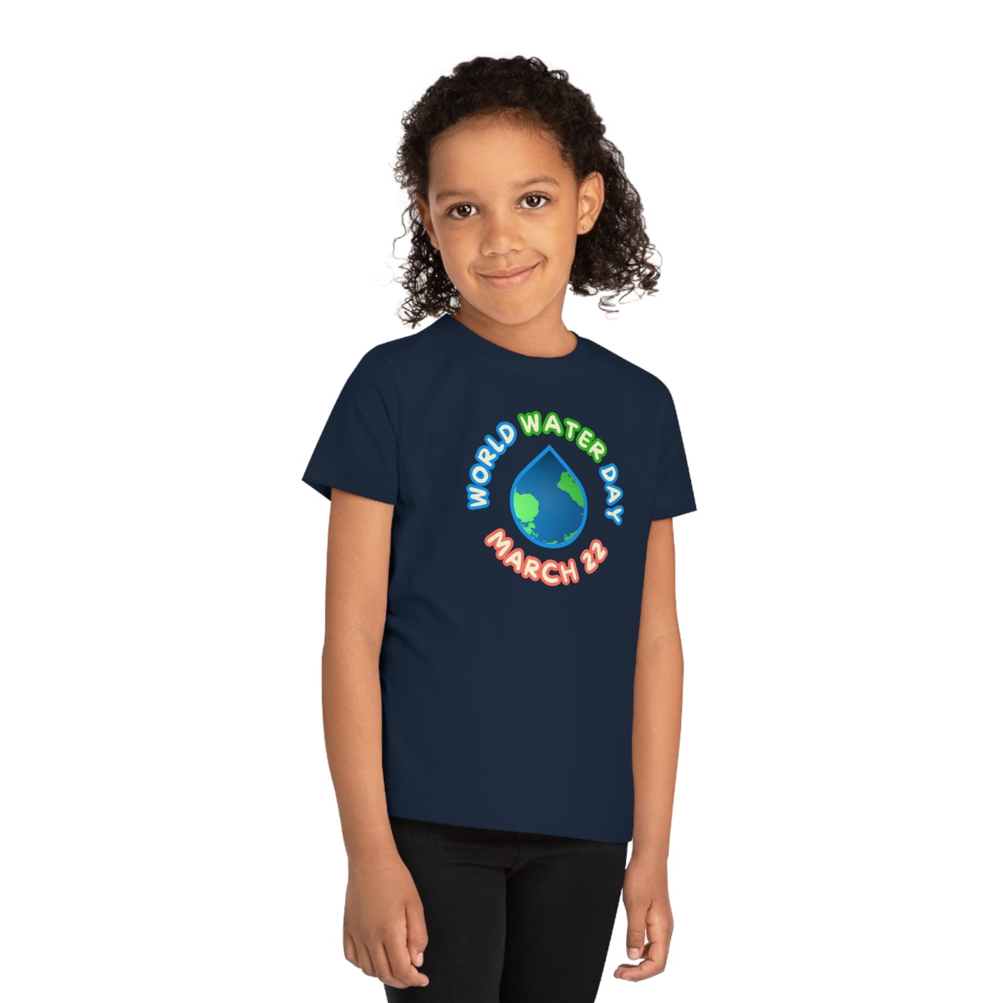 World Water Day, Child wearing a GR@ON Kids T-Shirt made from organic cotton, featuring a fun and colorful design. GR@ON Kids T-Shirts: Sustainable style, fun designs.