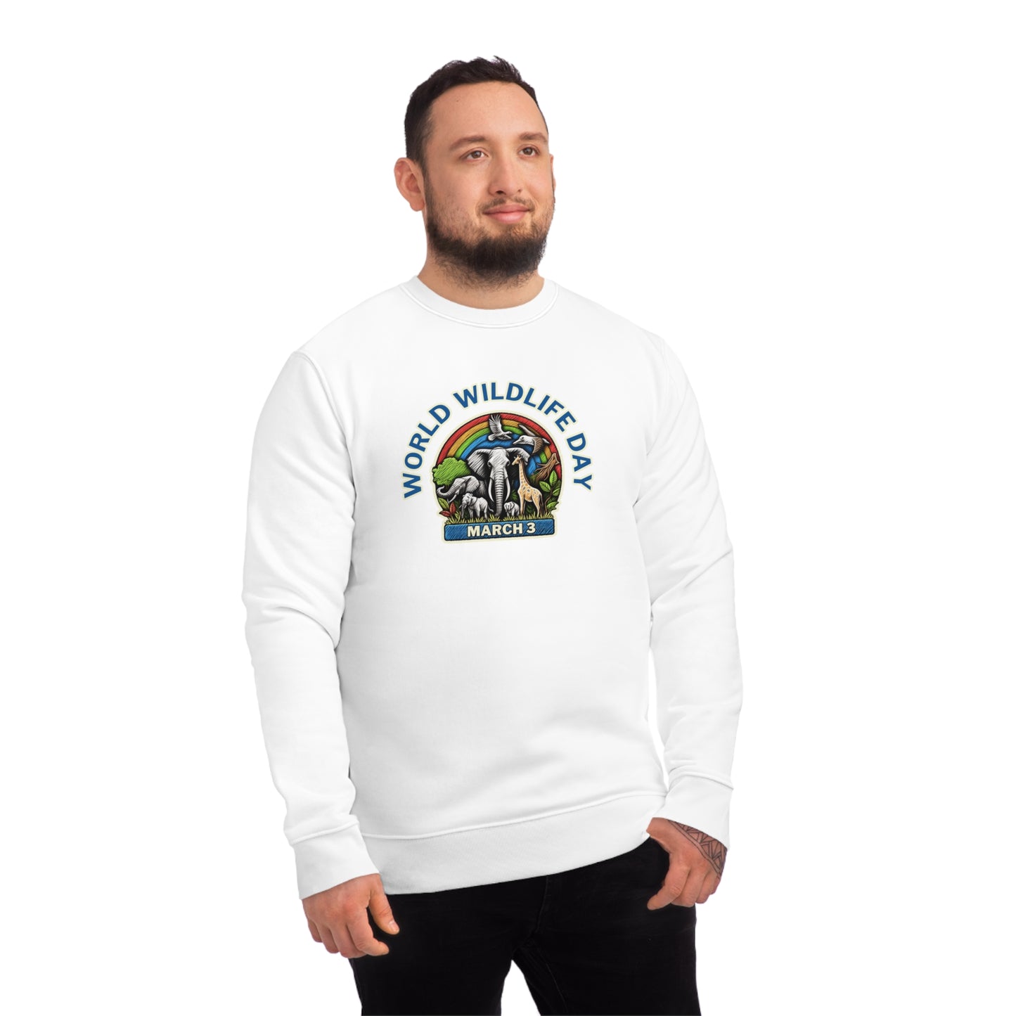 World Wildlife Day, Model wearing a GR@ON Sweatshirt made from organic cotton, featuring a stylish and sustainable design. GR@ON Sweatshirts: Sustainable comfort, everyday style.