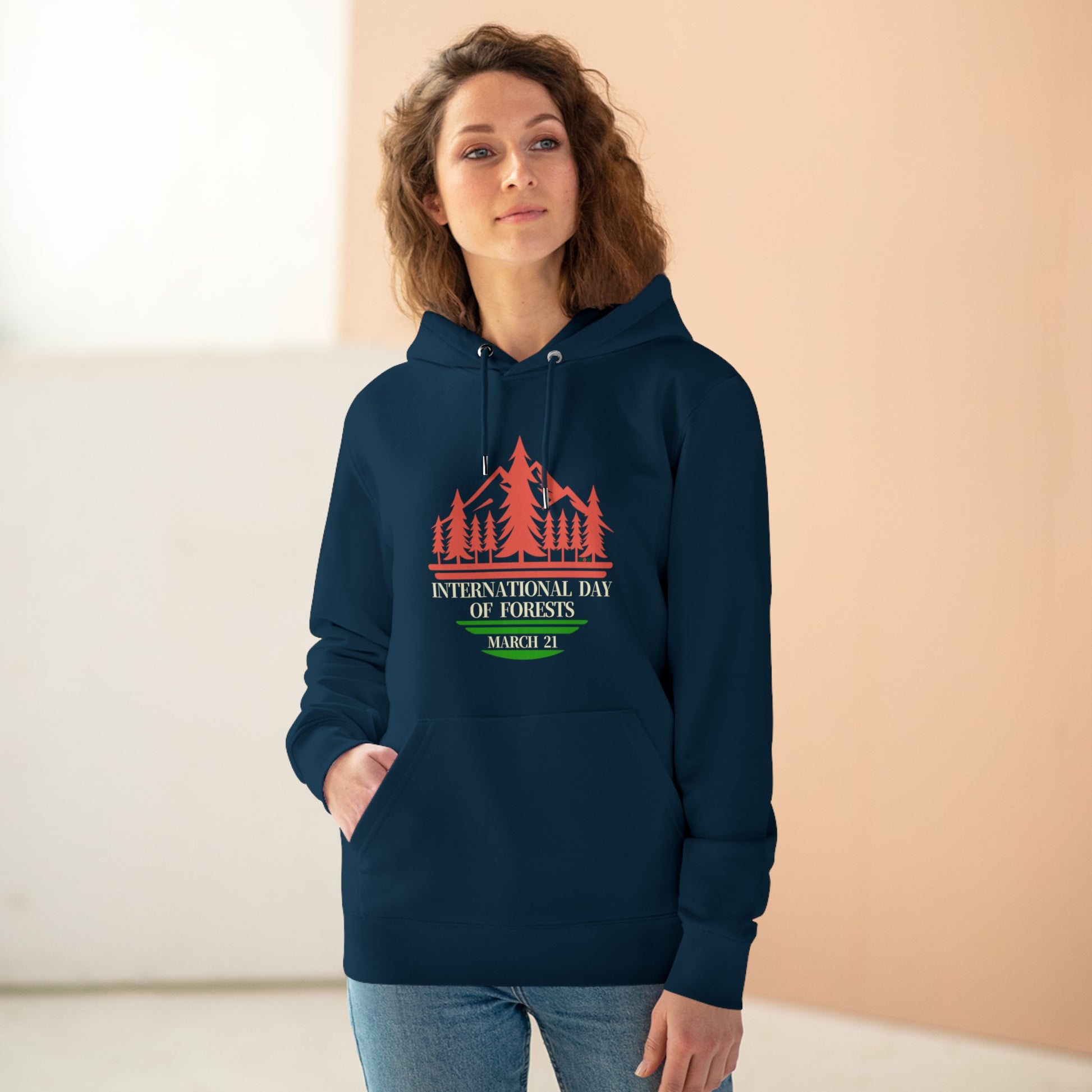 International Day of Forests, Model wearing a GR@ON Hoodie made from organic cotton, featuring a stylish and sustainable design. GR@ON Hoodies: Sustainable warmth, stylish comfort.