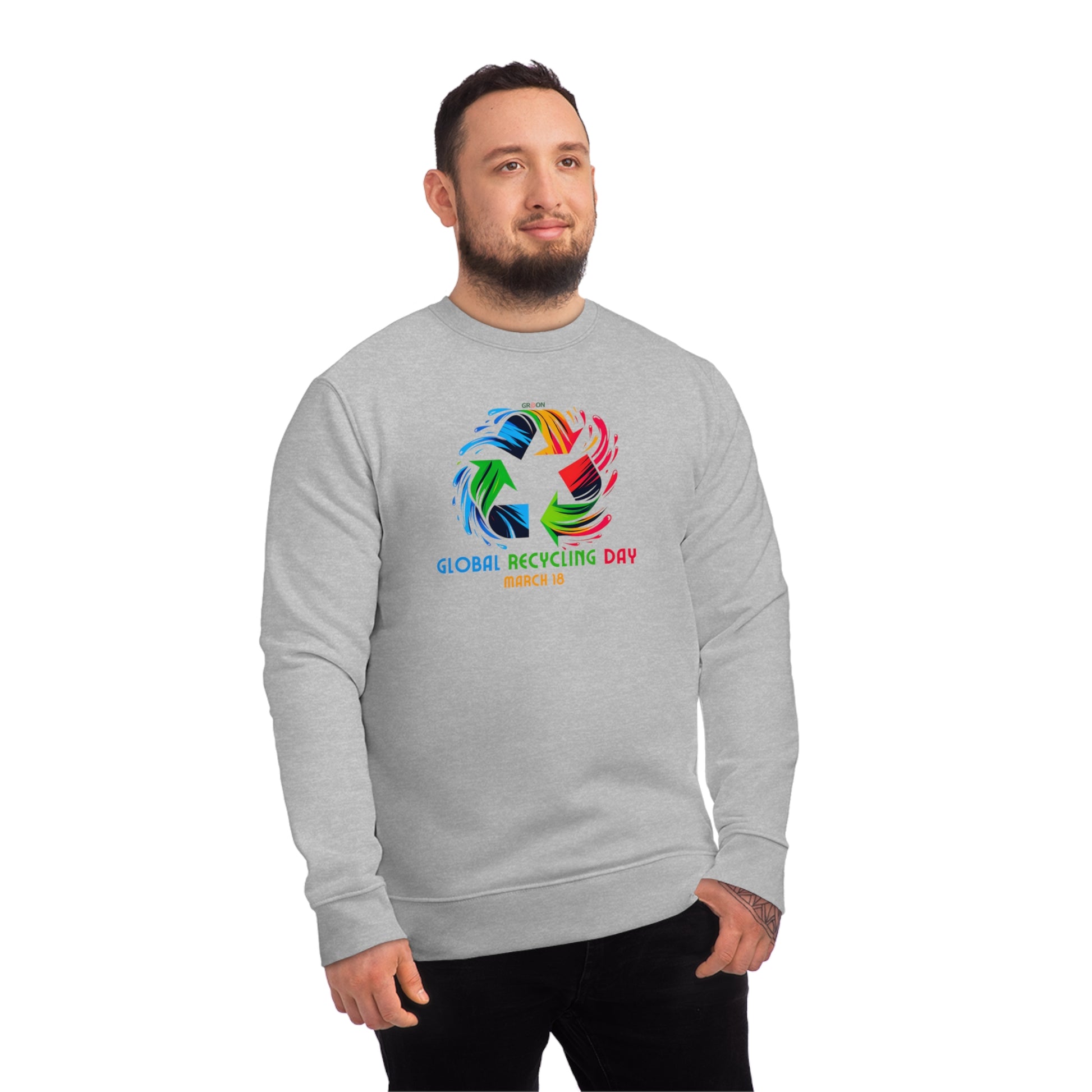 Global Recycling Day, Model wearing a GR@ON Sweatshirt made from organic cotton, featuring a stylish and sustainable design. GR@ON Sweatshirts: Sustainable comfort, everyday style.