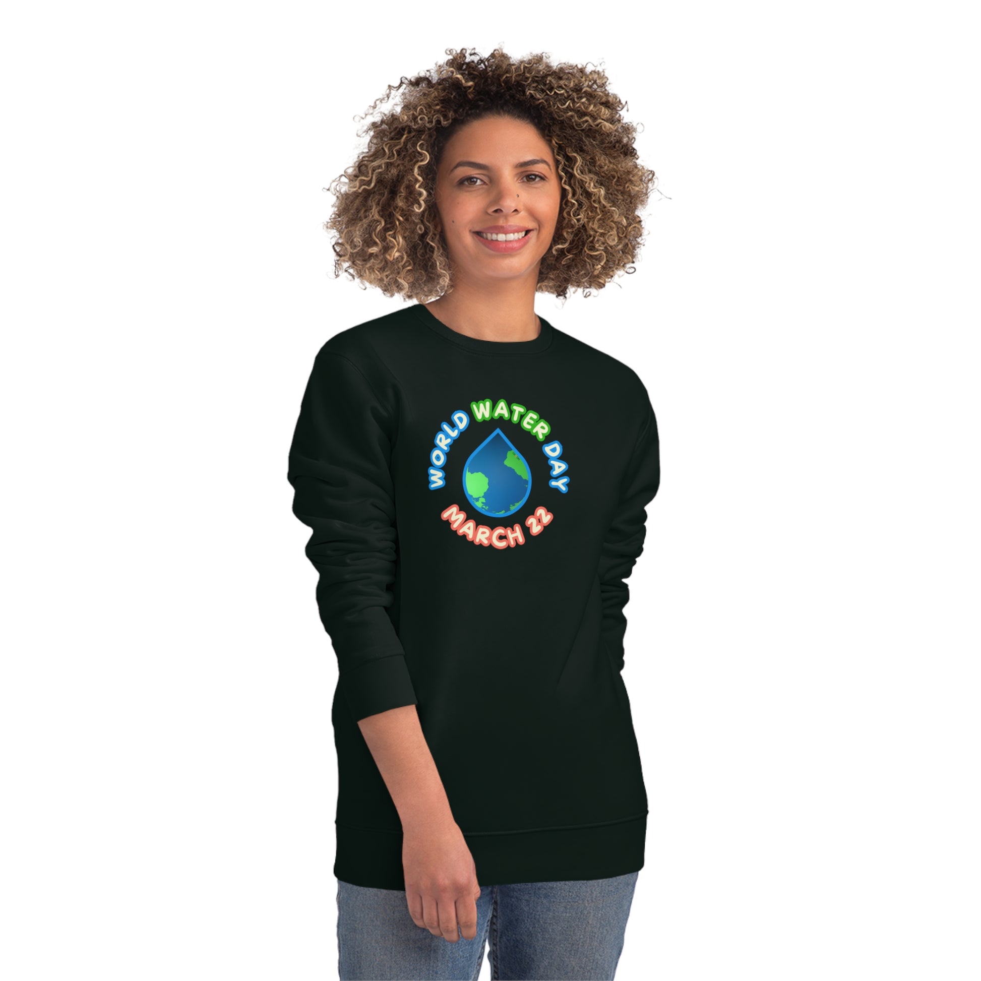 World Water Day, Model wearing a GR@ON Sweatshirt made from organic cotton, featuring a stylish and sustainable design. GR@ON Sweatshirts: Sustainable comfort, everyday style.