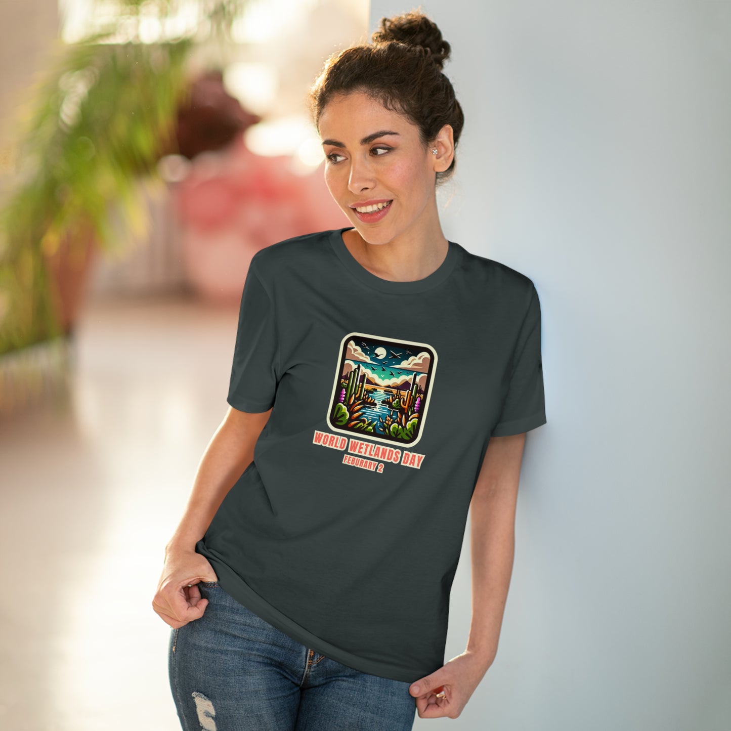 World Wetlands Day, Model wearing a GR@ON T-Shirt made from organic cotton, featuring a stylish and sustainable design. GR@ON T-Shirts: Sustainable style, everyday comfort.