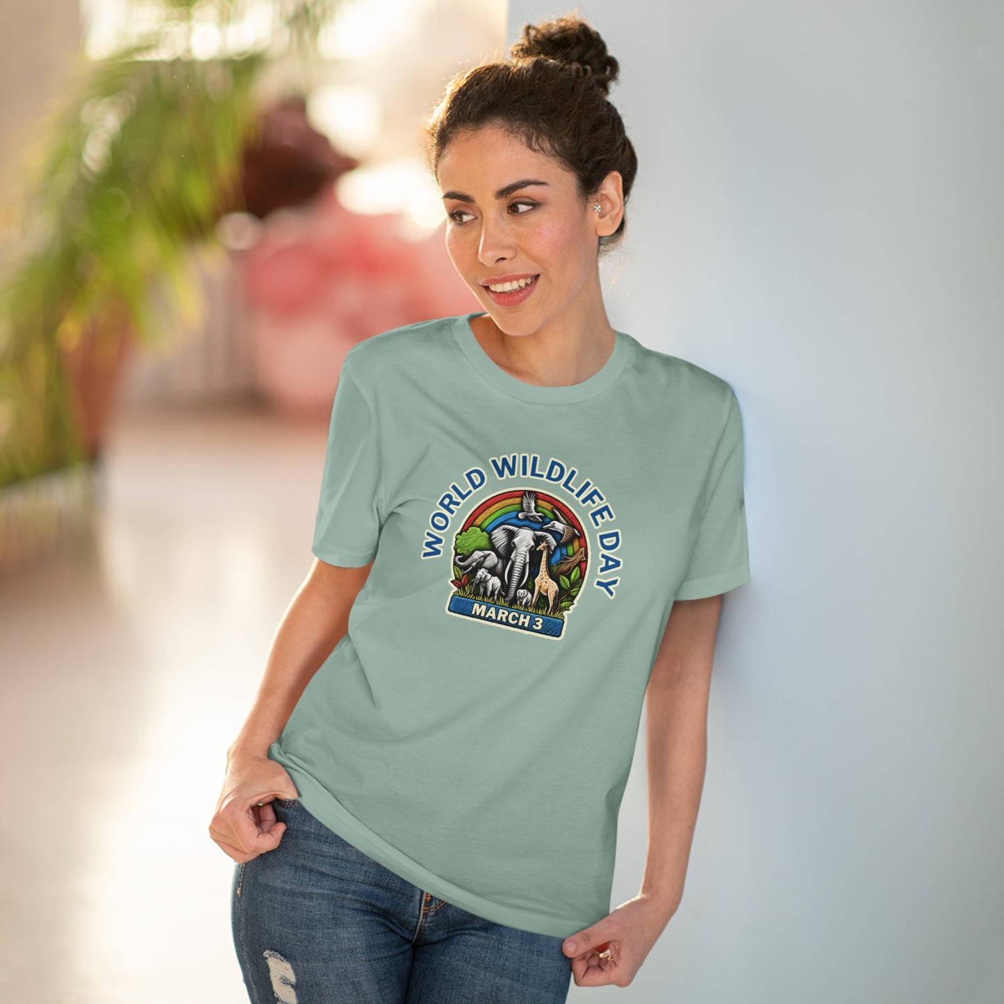 World Wildlife Day, Model wearing a GR@ON T-Shirt made from organic cotton, featuring a stylish and sustainable design. GR@ON T-Shirts: Sustainable style, everyday comfort.