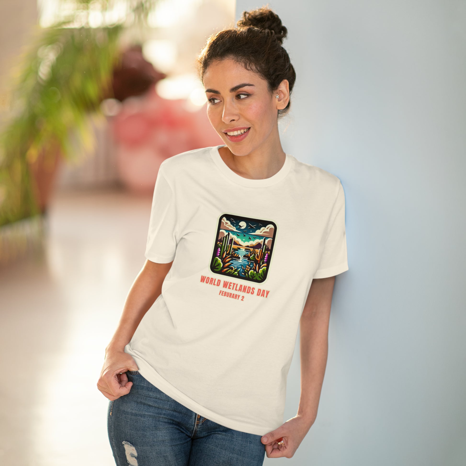 World Wetlands Day, Model wearing a GR@ON T-Shirt made from organic cotton, featuring a stylish and sustainable design. GR@ON T-Shirts: Sustainable style, everyday comfort.