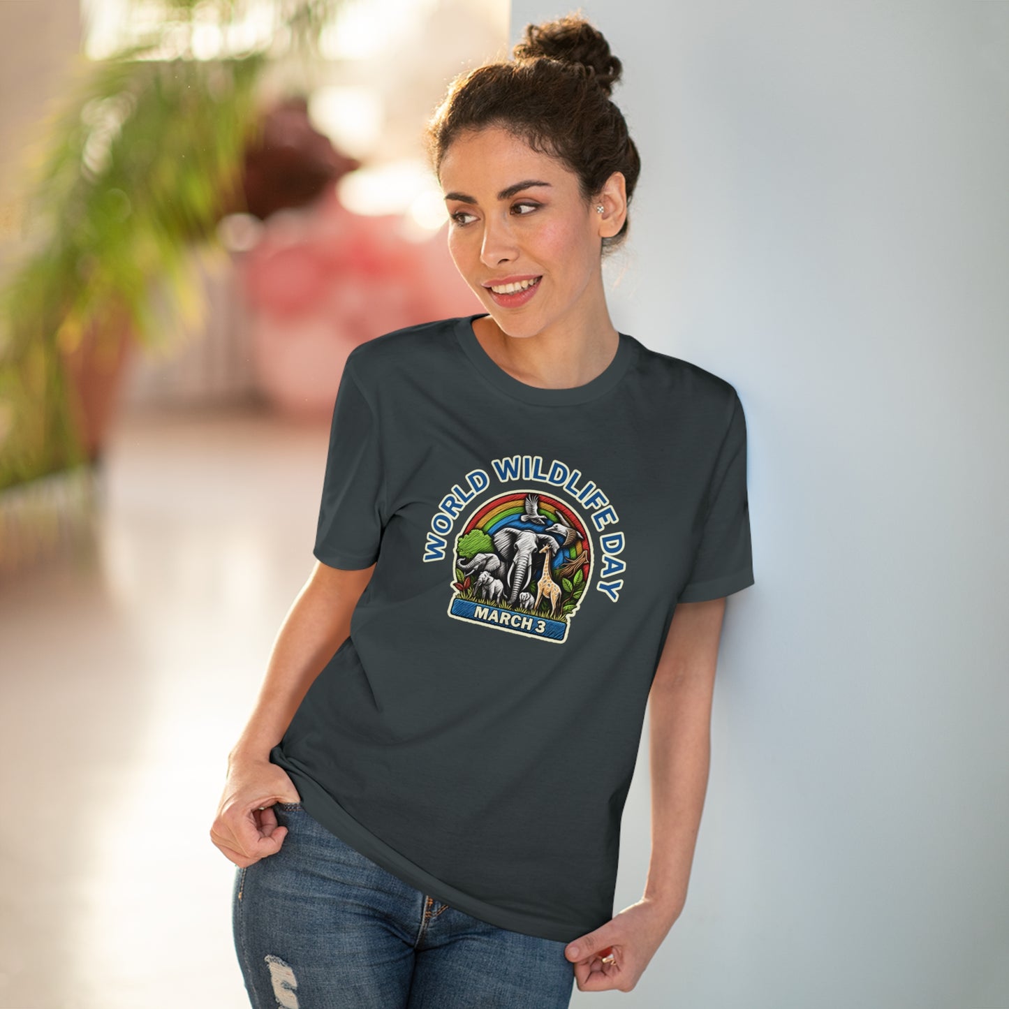 World Wildlife Day, Model wearing a GR@ON T-Shirt made from organic cotton, featuring a stylish and sustainable design. GR@ON T-Shirts: Sustainable style, everyday comfort.