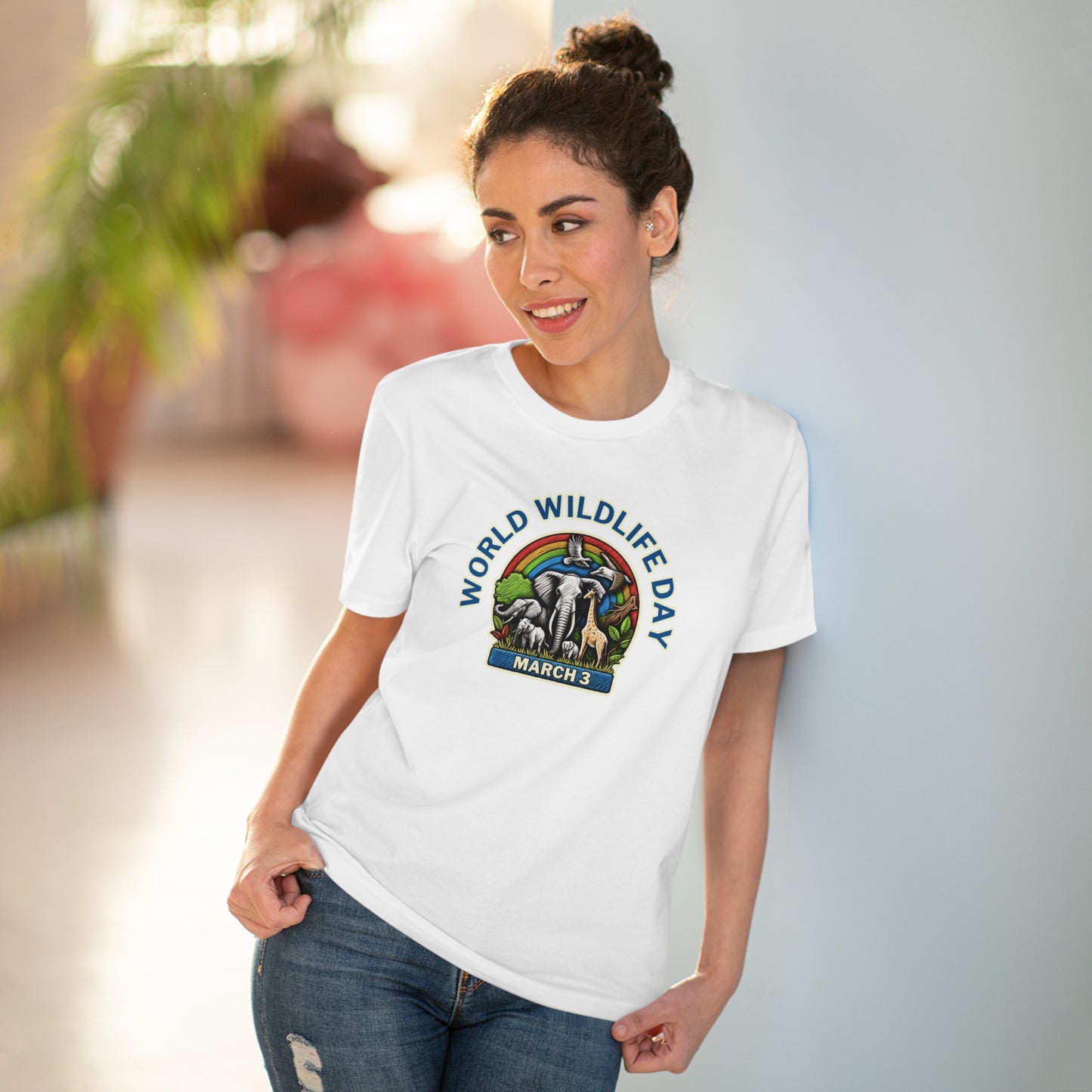 World Wildlife Day, Model wearing a GR@ON T-Shirt made from organic cotton, featuring a stylish and sustainable design. GR@ON T-Shirts: Sustainable style, everyday comfort.