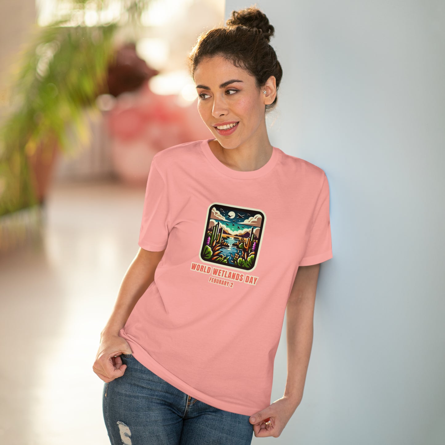 World Wetlands Day, Model wearing a GR@ON T-Shirt made from organic cotton, featuring a stylish and sustainable design. GR@ON T-Shirts: Sustainable style, everyday comfort.