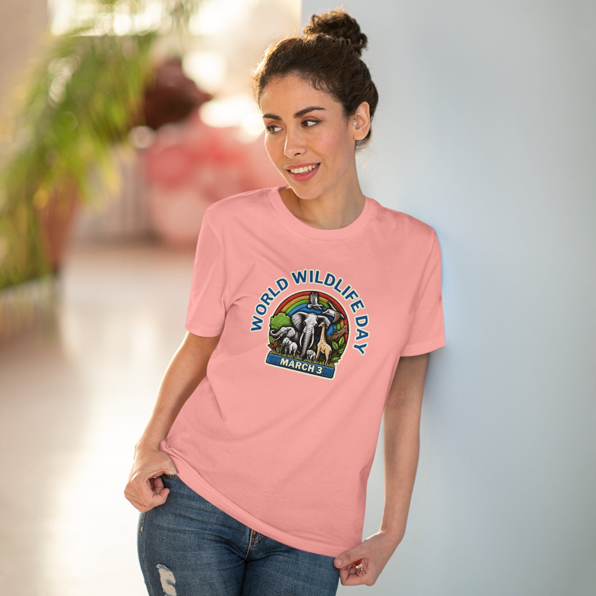 World Wildlife Day, Model wearing a GR@ON T-Shirt made from organic cotton, featuring a stylish and sustainable design. GR@ON T-Shirts: Sustainable style, everyday comfort.