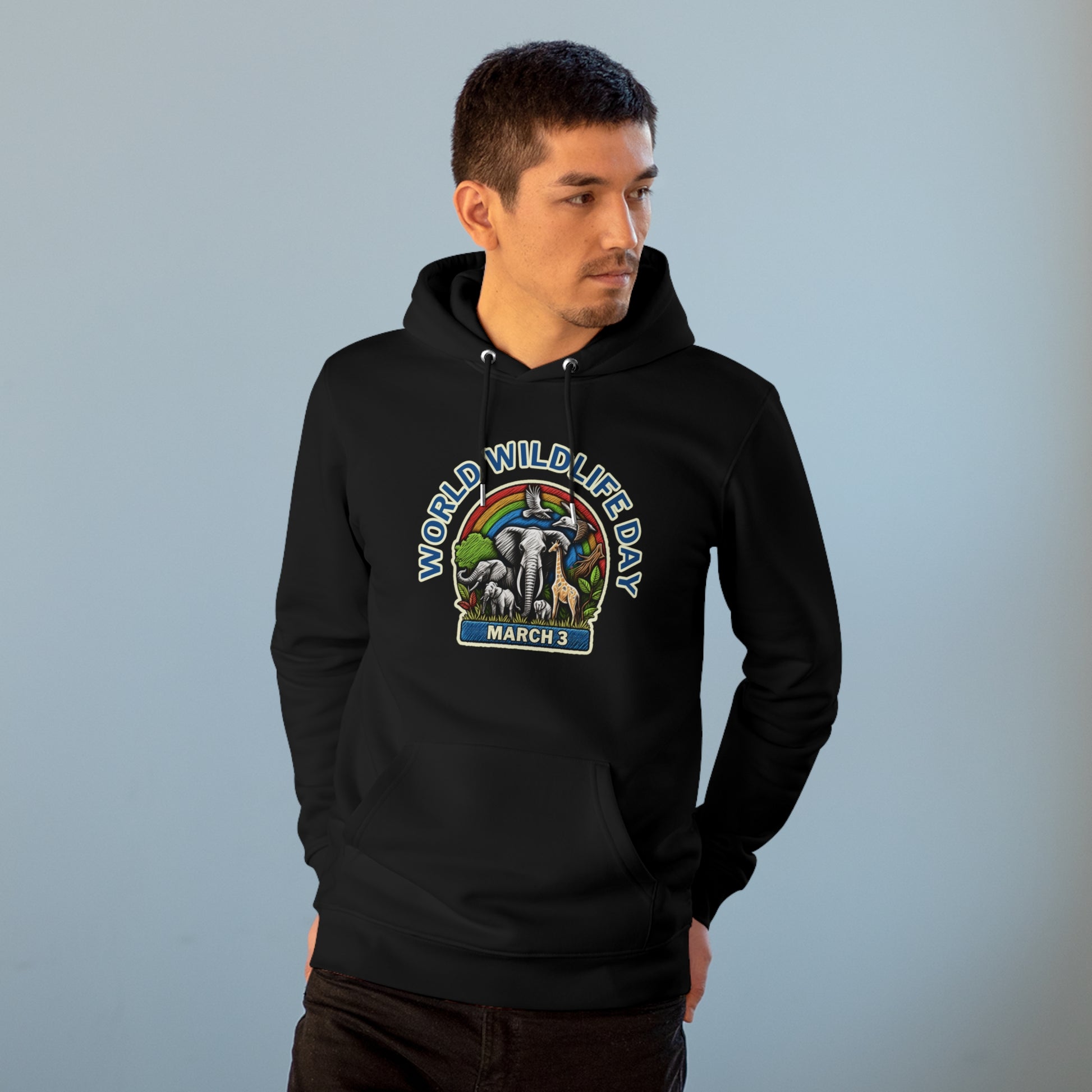 World Wildlife Day, Model wearing a GR@ON Hoodie made from organic cotton, featuring a stylish and sustainable design. GR@ON Hoodies: Sustainable warmth, stylish comfort.