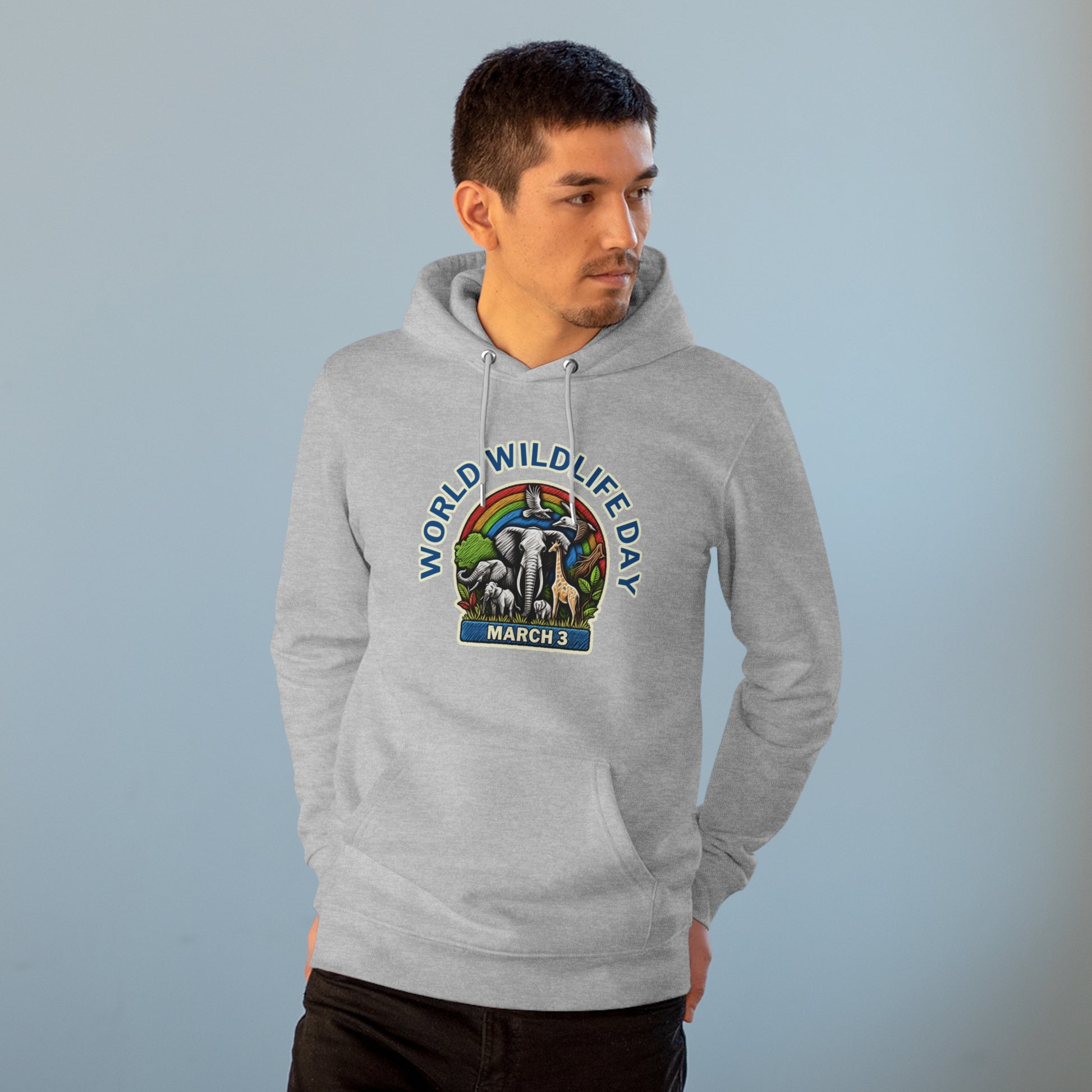 World Wildlife Day, Model wearing a GR@ON Hoodie made from organic cotton, featuring a stylish and sustainable design. GR@ON Hoodies: Sustainable warmth, stylish comfort.