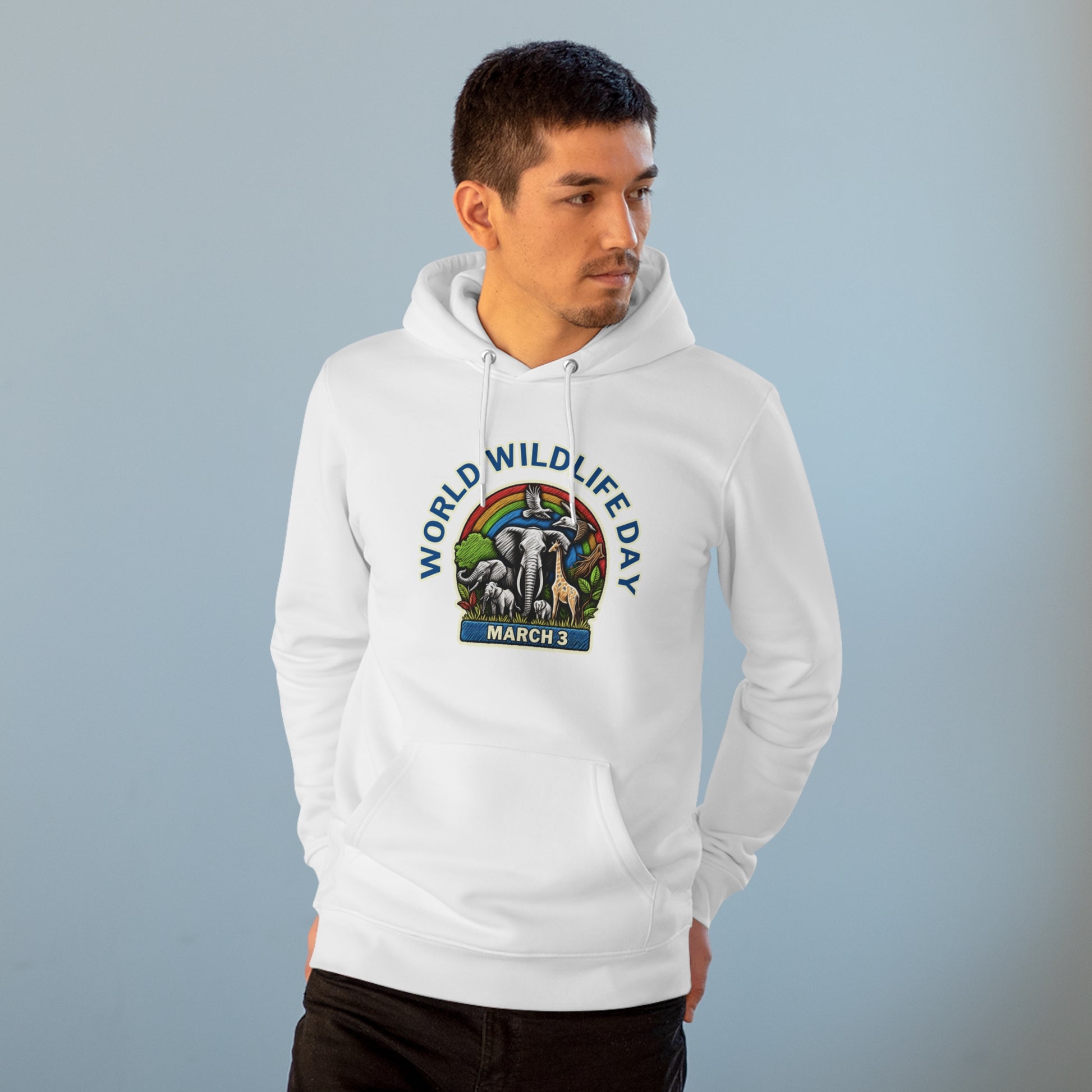 World Wildlife Day, Model wearing a GR@ON Hoodie made from organic cotton, featuring a stylish and sustainable design. GR@ON Hoodies: Sustainable warmth, stylish comfort.