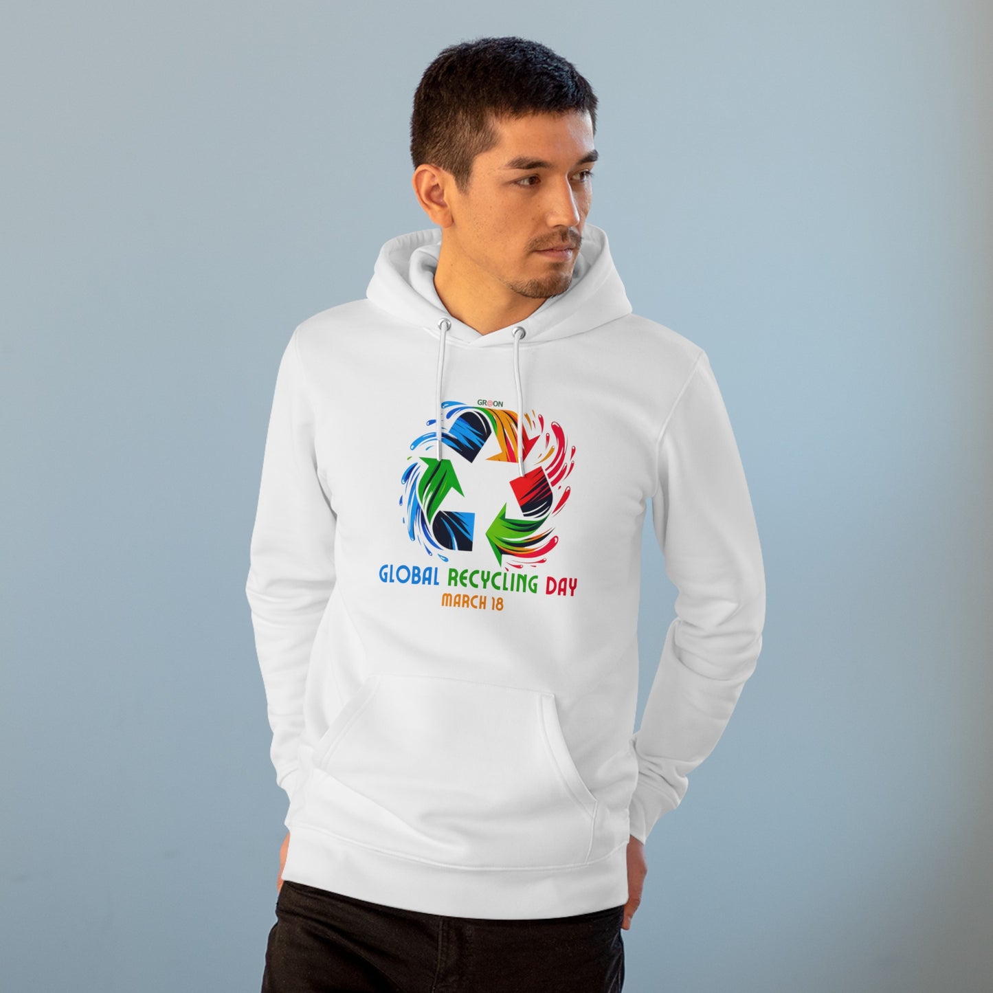 Global Recycling Day, Model wearing a GR@ON Hoodie made from organic cotton, featuring a stylish and sustainable design. GR@ON Hoodies: Sustainable warmth, stylish comfort.