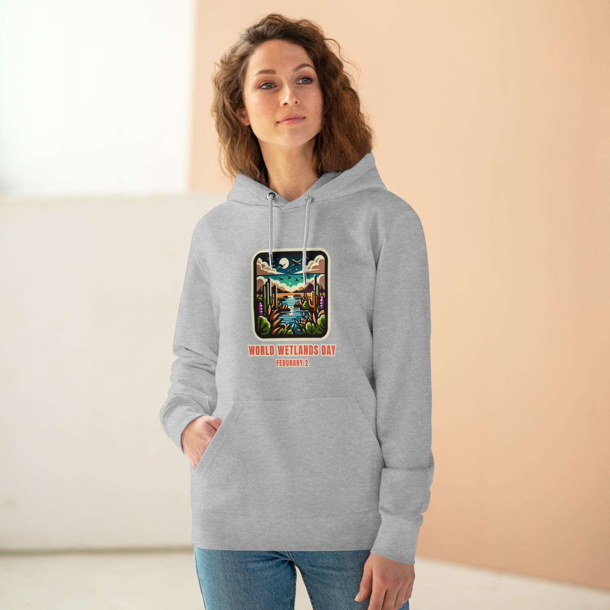 World Wetlands Day, Model wearing a GR@ON Hoodie made from organic cotton, featuring a stylish and sustainable design. GR@ON Hoodies: Sustainable warmth, stylish comfort.