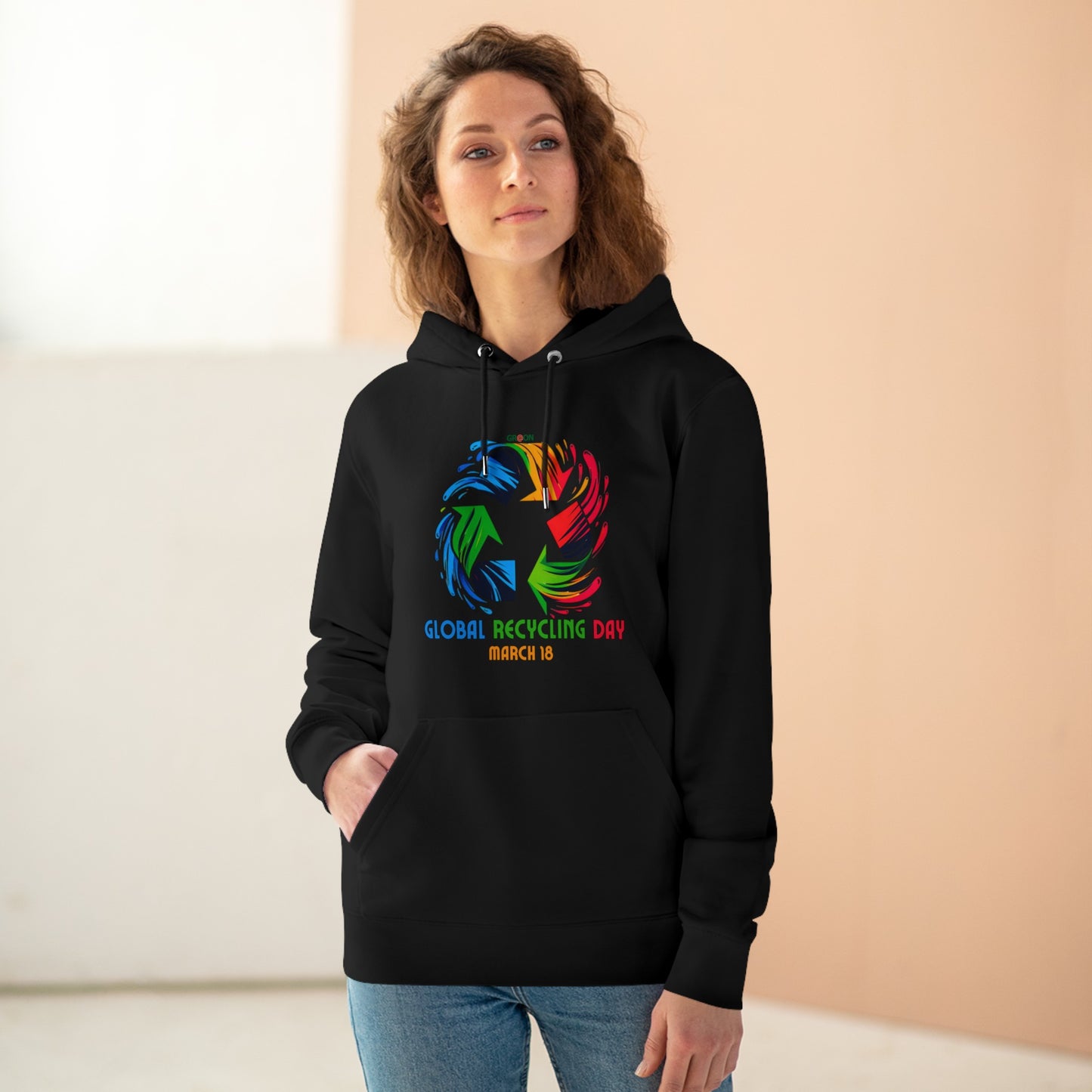 Global Recycling Day, Model wearing a GR@ON Hoodie made from organic cotton, featuring a stylish and sustainable design. GR@ON Hoodies: Sustainable warmth, stylish comfort.