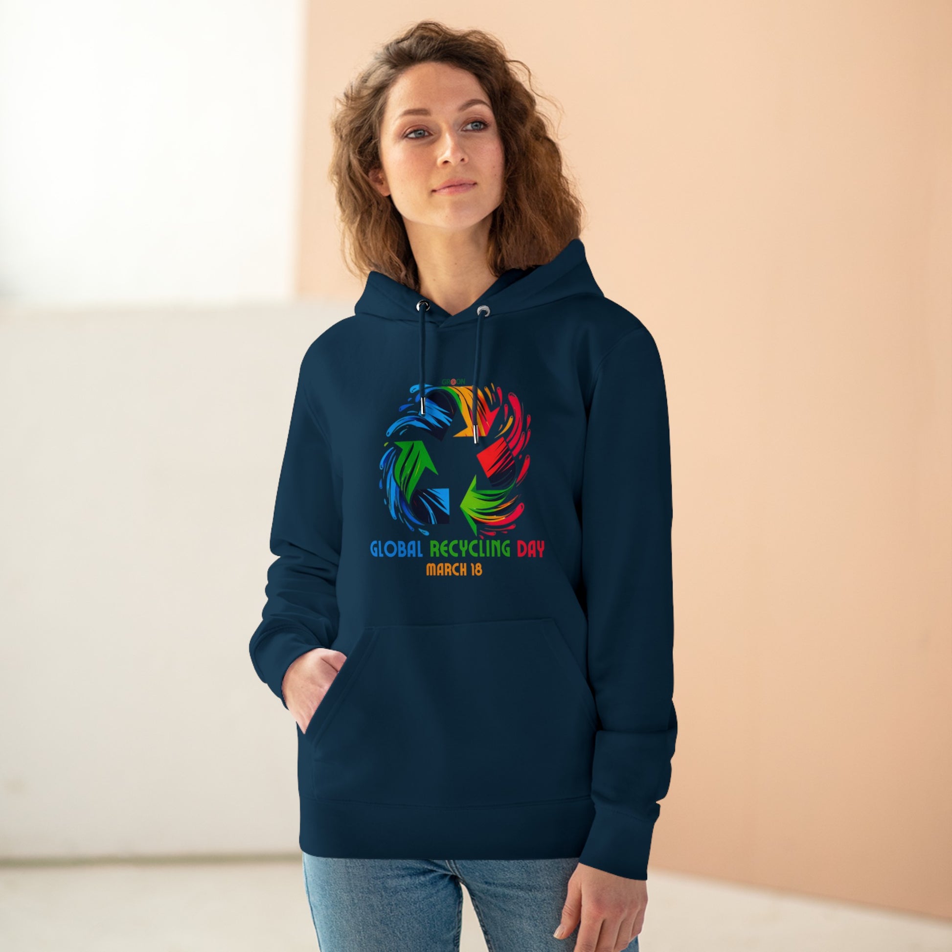 Global Recycling Day, Model wearing a GR@ON Hoodie made from organic cotton, featuring a stylish and sustainable design. GR@ON Hoodies: Sustainable warmth, stylish comfort.