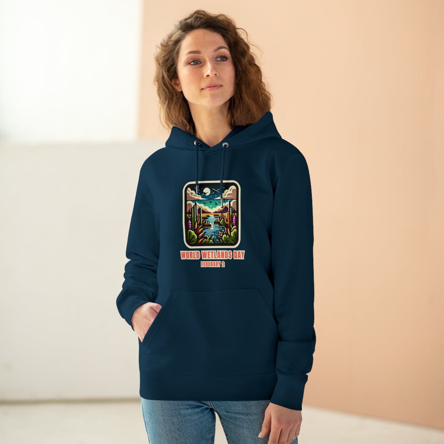 World Wetlands Day, Model wearing a GR@ON Hoodie made from organic cotton, featuring a stylish and sustainable design. GR@ON Hoodies: Sustainable warmth, stylish comfort.