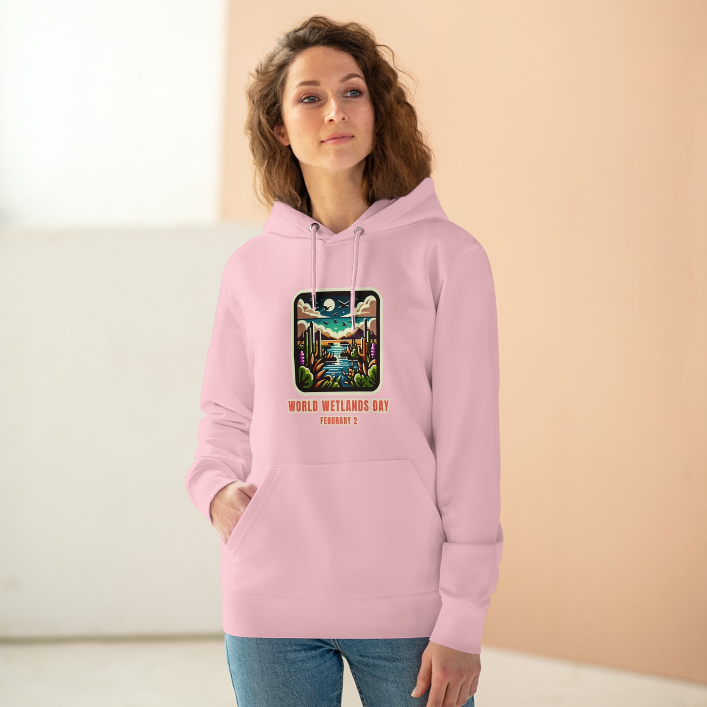 World Wetlands Day, Model wearing a GR@ON Hoodie made from organic cotton, featuring a stylish and sustainable design. GR@ON Hoodies: Sustainable warmth, stylish comfort.