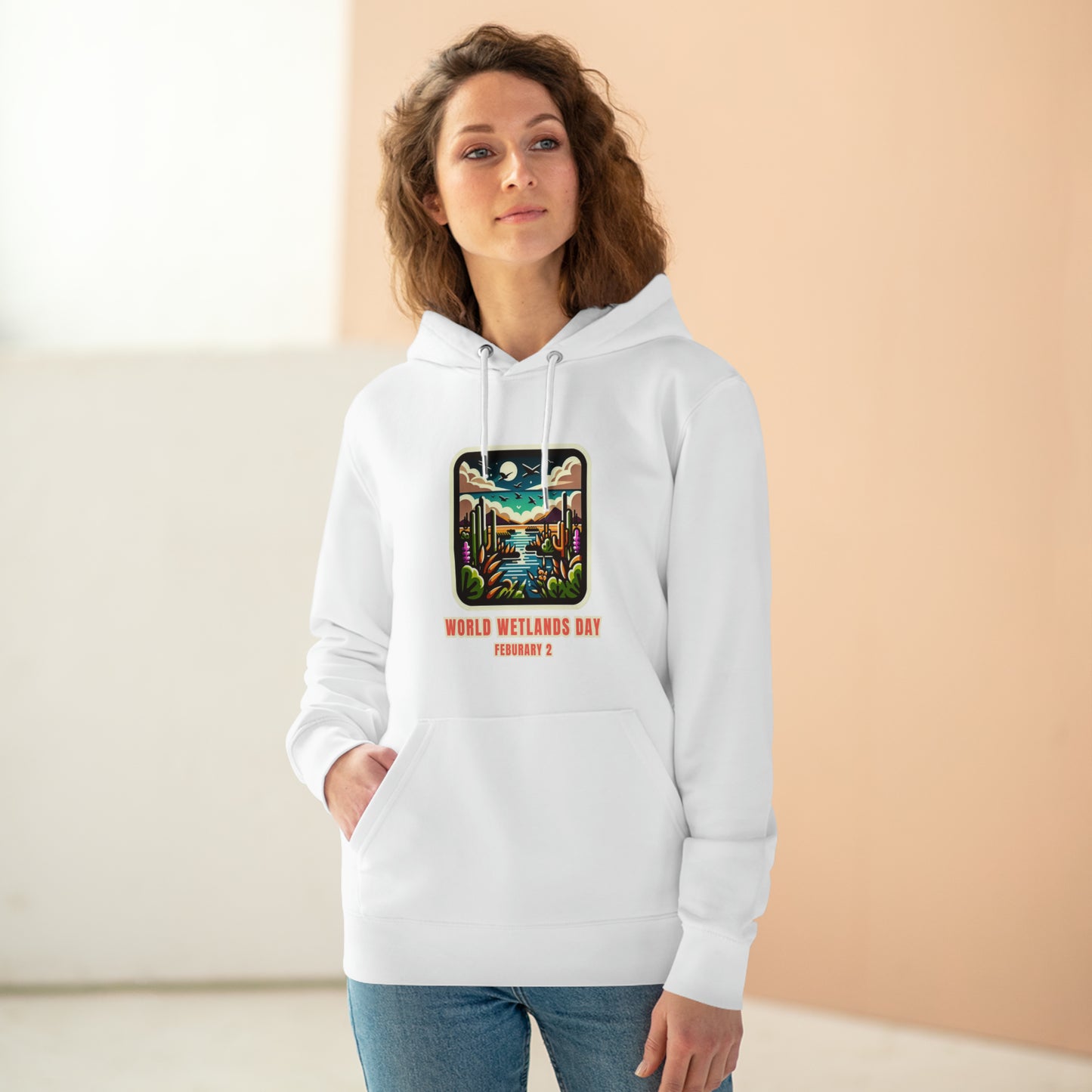 World Wetlands Day, Model wearing a GR@ON Hoodie made from organic cotton, featuring a stylish and sustainable design. GR@ON Hoodies: Sustainable warmth, stylish comfort.