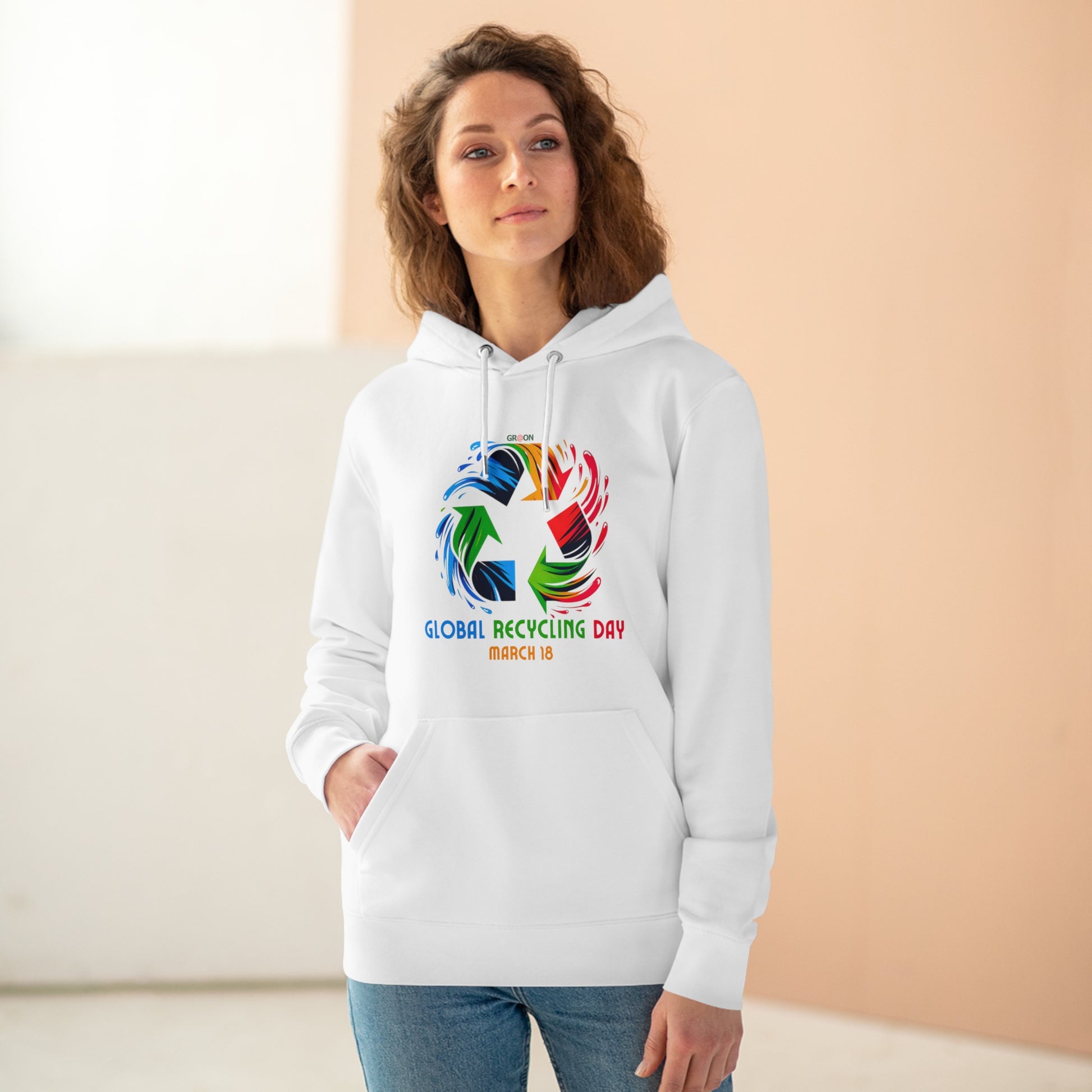 Global Recycling Day, Model wearing a GR@ON Hoodie made from organic cotton, featuring a stylish and sustainable design. GR@ON Hoodies: Sustainable warmth, stylish comfort.